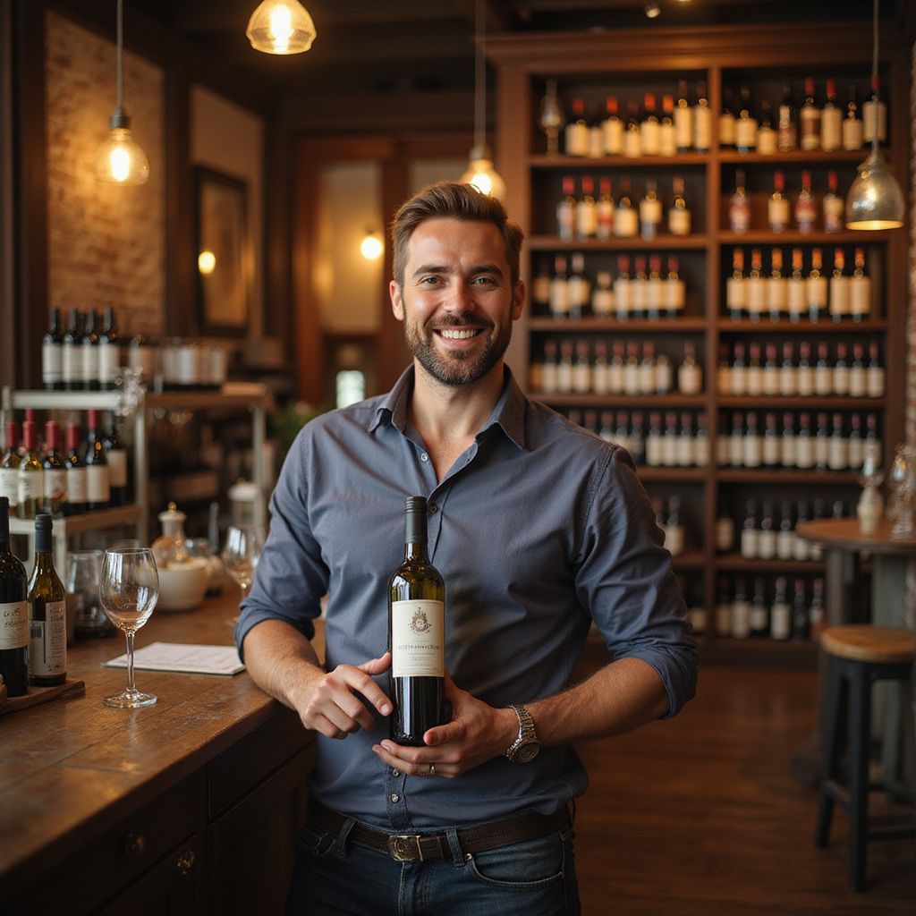 Man holding wine bottle in a wine shop with shelves of wine bottles in the background.