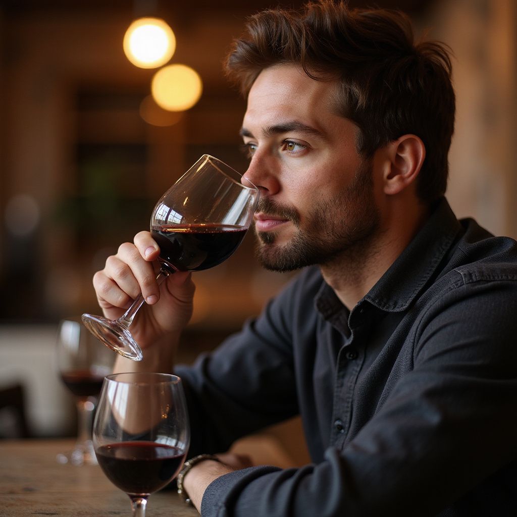 Man smelling and sipping red wine in a restaurant setting, holding a wine glass.