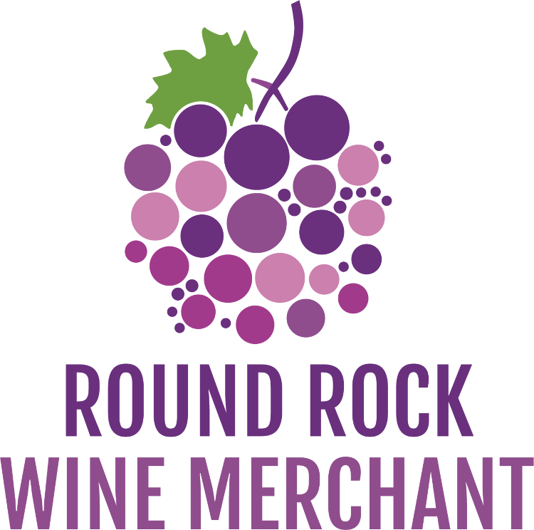 Logo for Round Rock Wine Merchant: Purple grape cluster, green leaf, and text.