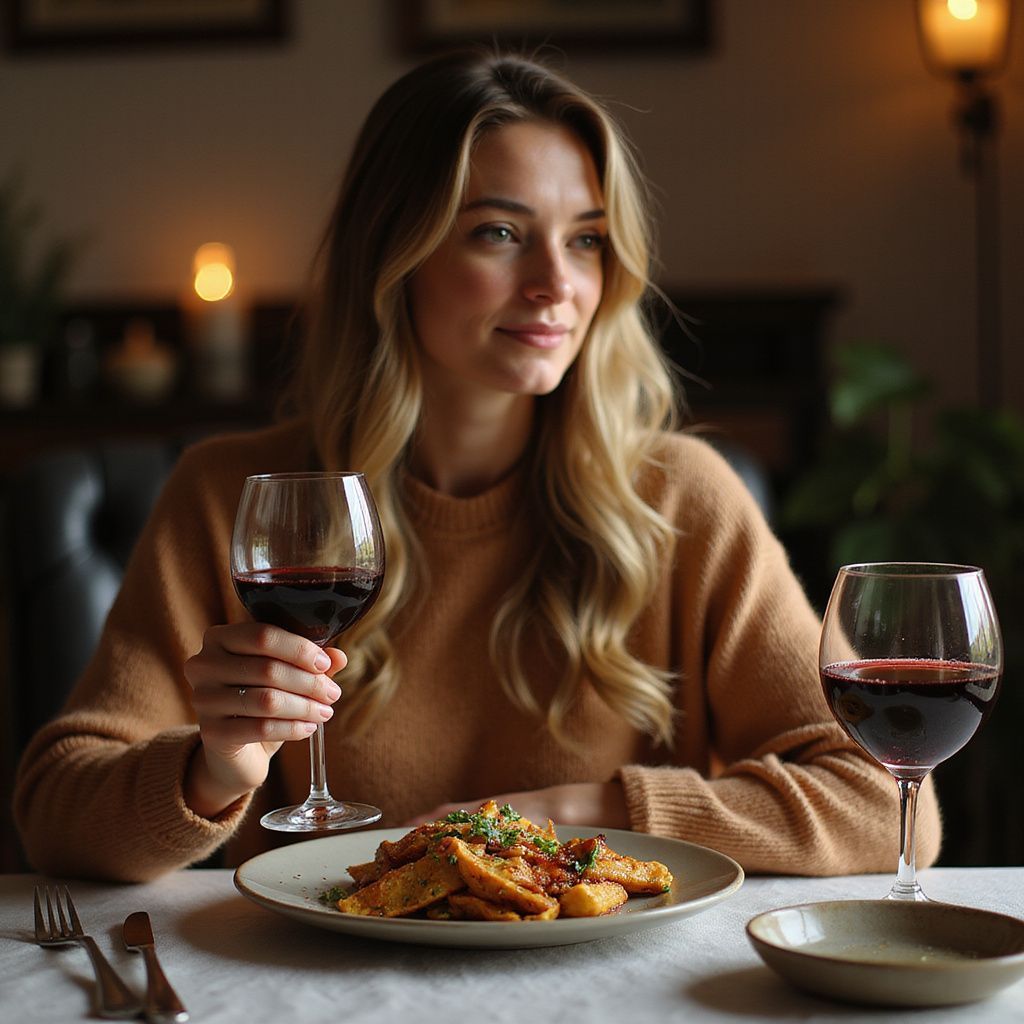 Woman with long blonde hair, holding a glass of red wine, looks at the left. A plate of food is in front of her.