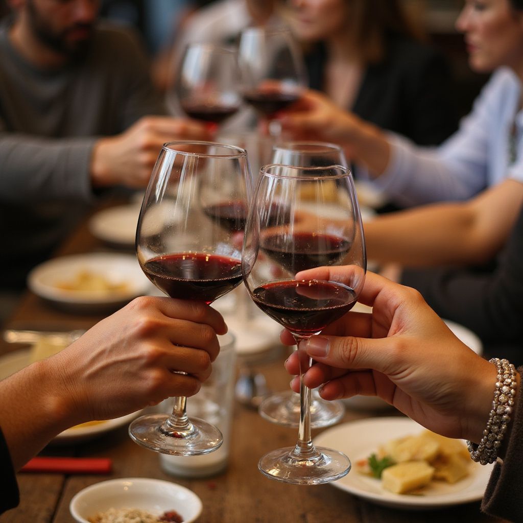 People toasting with red wine glasses at a table, likely in a restaurant.