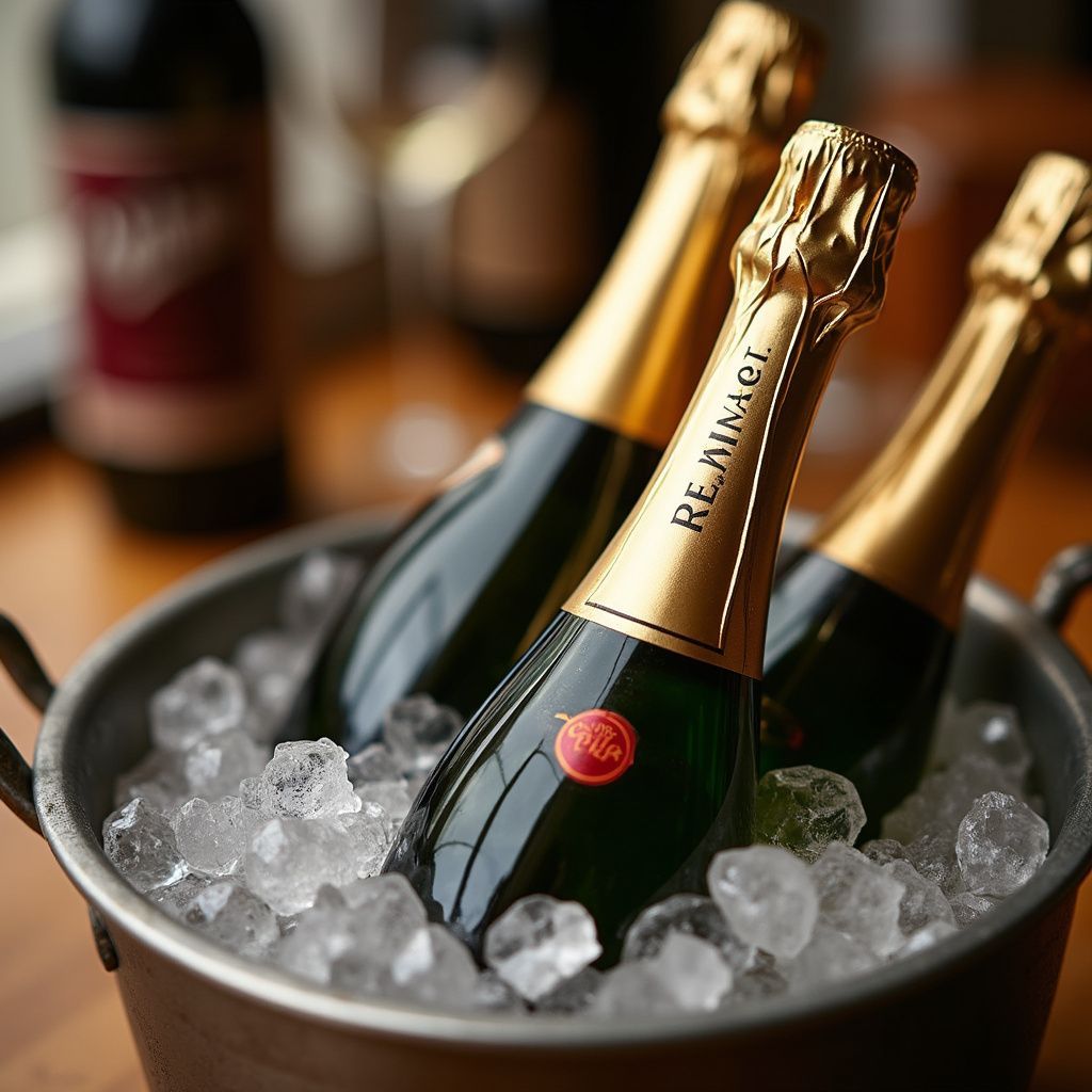 Three champagne bottles in an ice bucket. The bottles are gold and green, ice is white.