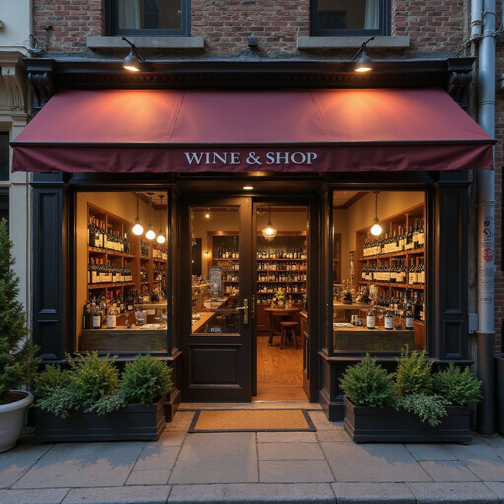 Wine shop storefront with awning, burgundy, black trim. Bottles line shelves, interior lit.