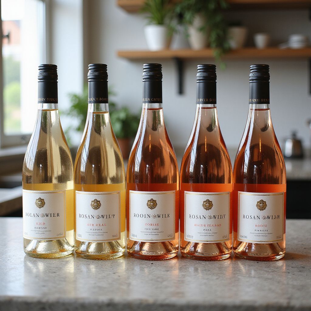 Five bottles of wine on a countertop, two light-colored, three pink, with black caps and labels.