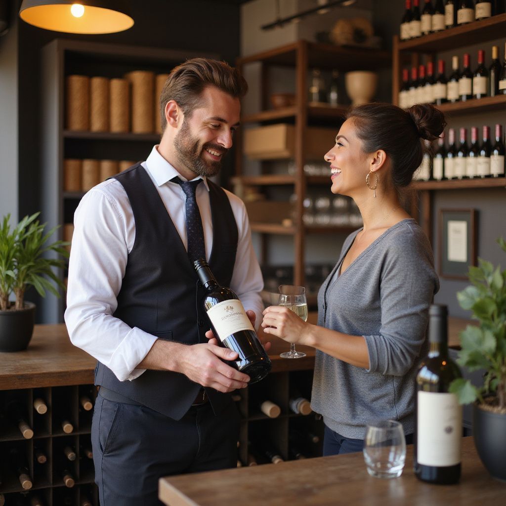 Wine shop: A man shows a woman a bottle. They smile and chat. Shelves of wine bottles are in the background.