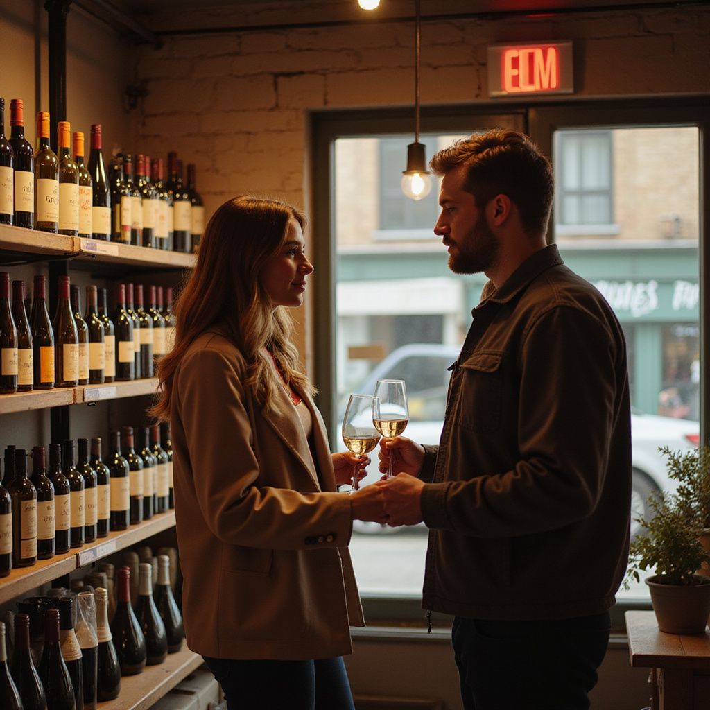 Couple in a wine shop, holding glasses. Bottles line shelves. They are looking at each other, illuminated by light.