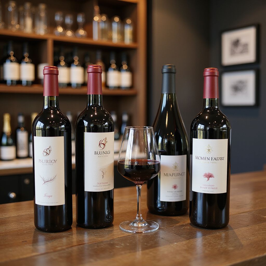 Four wine bottles and a glass of red wine on a wooden surface in a wine shop.