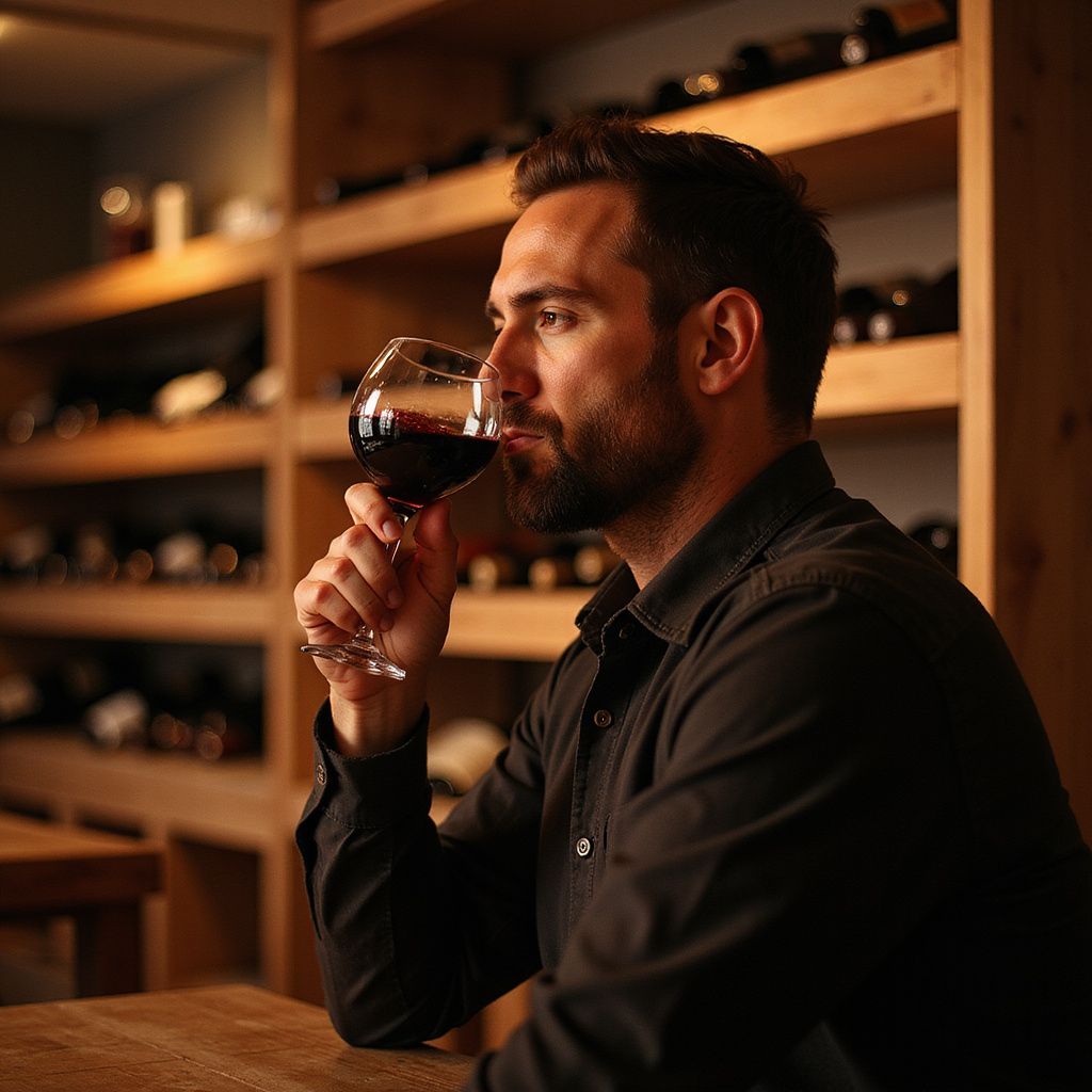 Man in a wine cellar, tasting red wine from a glass.