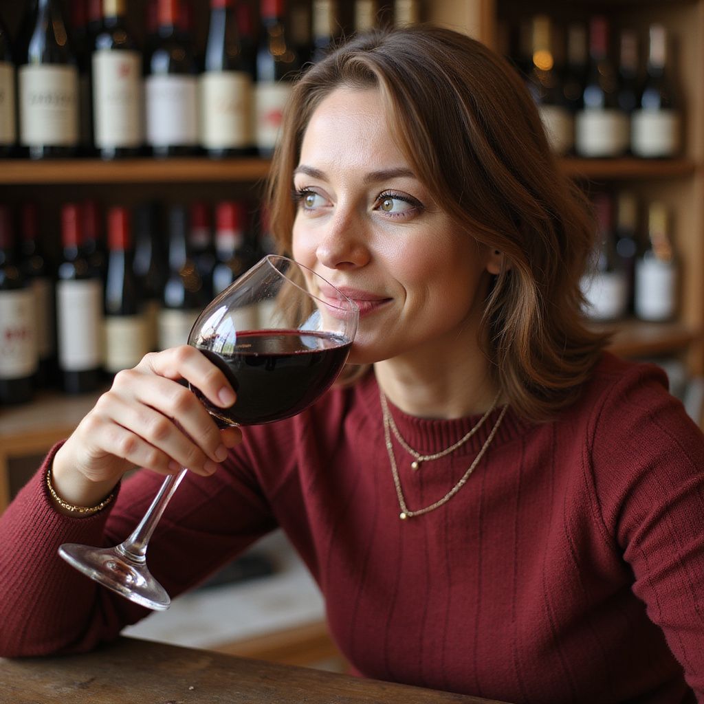 Woman sipping red wine, smiling, in a wine shop with shelves of bottles.