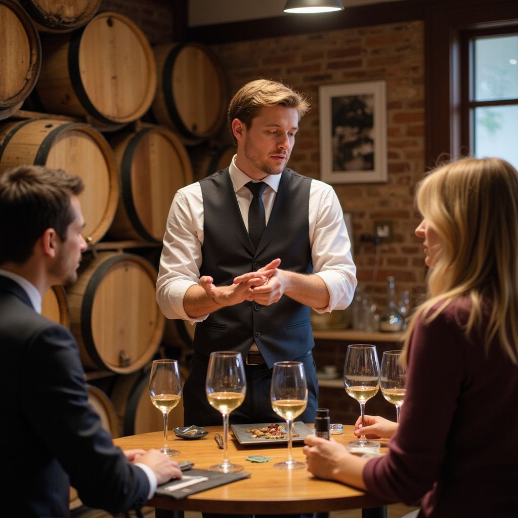 A man in a vest explains wine tasting to two people at a round table with wine glasses in a cellar.