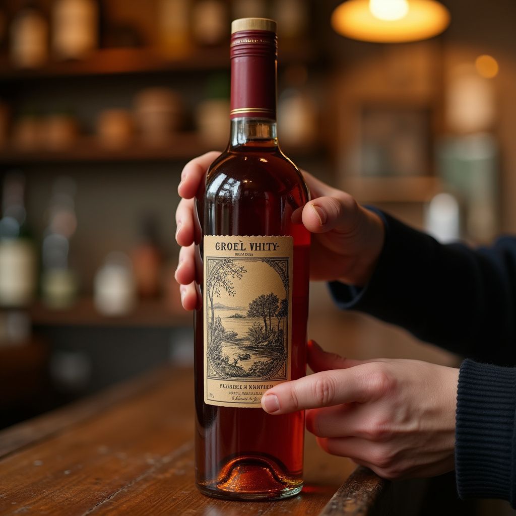 Person holding a bottle of amber-colored wine with a detailed label on a wooden bar.