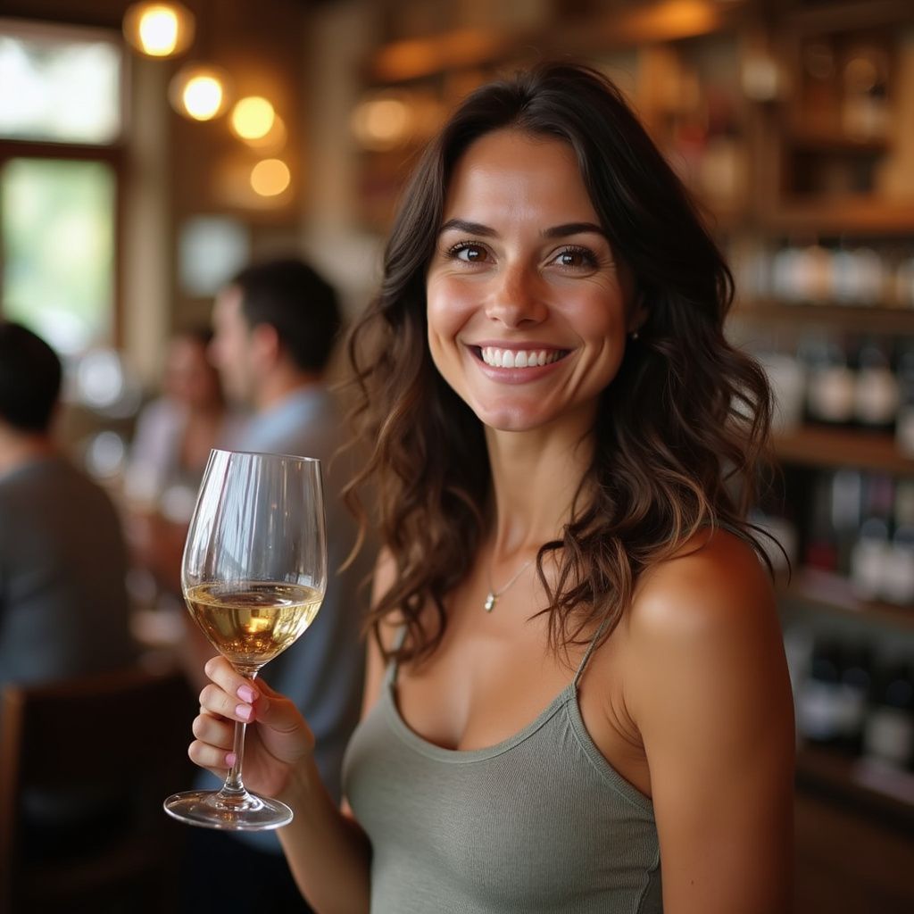 Woman smiling, holding glass of white wine in a restaurant.