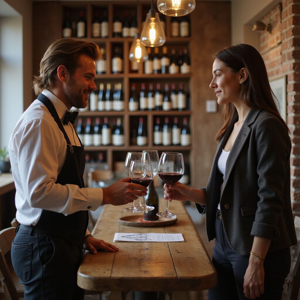 Sommelier and customer clink red wine glasses at a bar with bottles in the background.