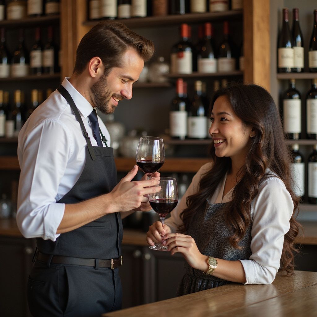 A man and woman are holding glasses of red wine and smiling in a wine shop.