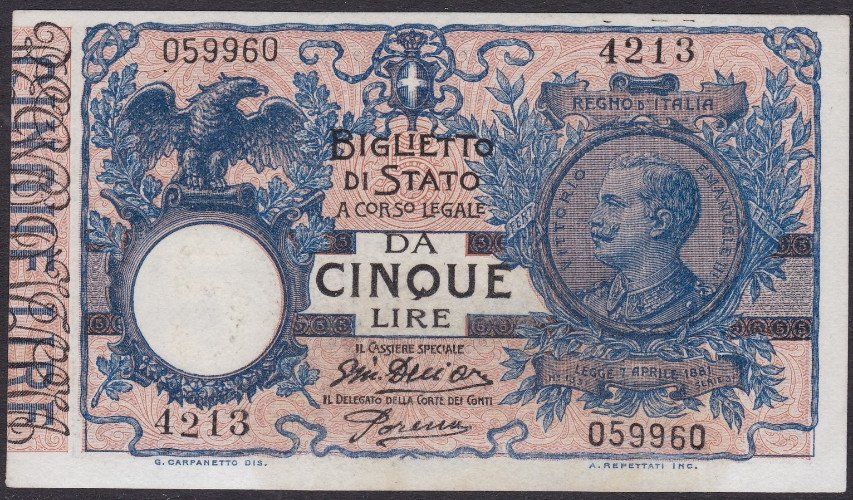 una banconota da 5 Lire