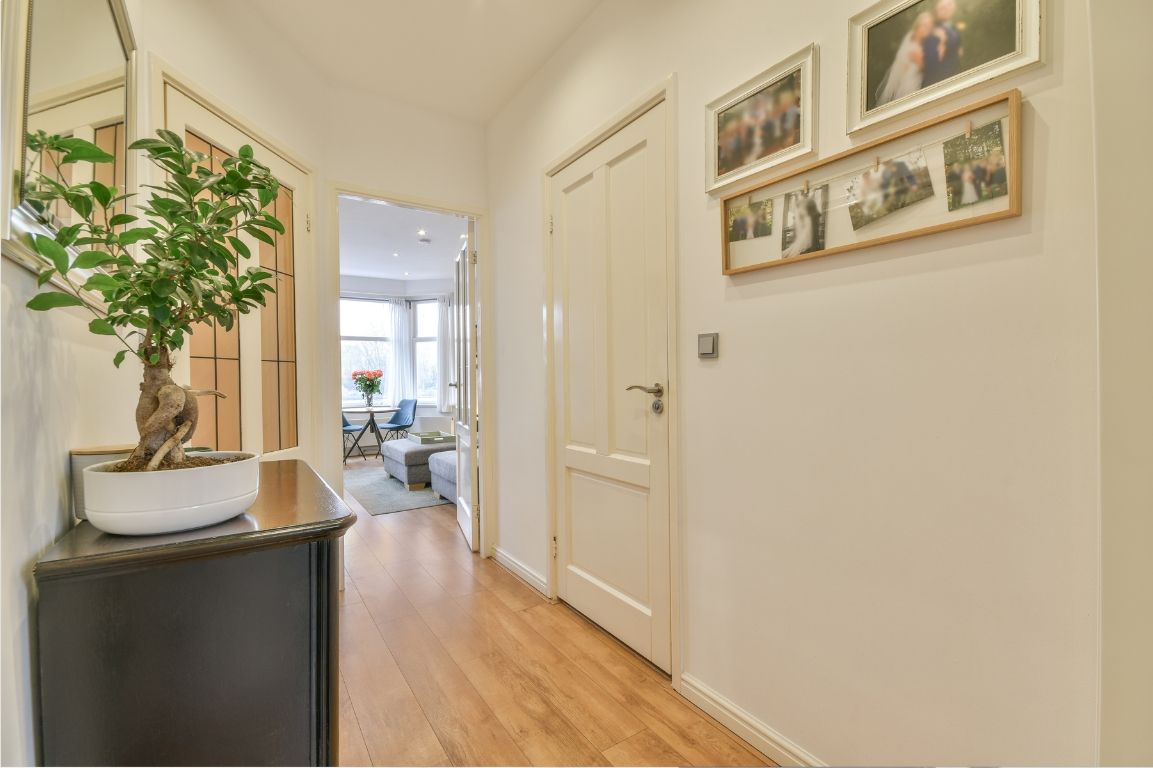 A hallway with pictures on the wall and a potted plant on a table.