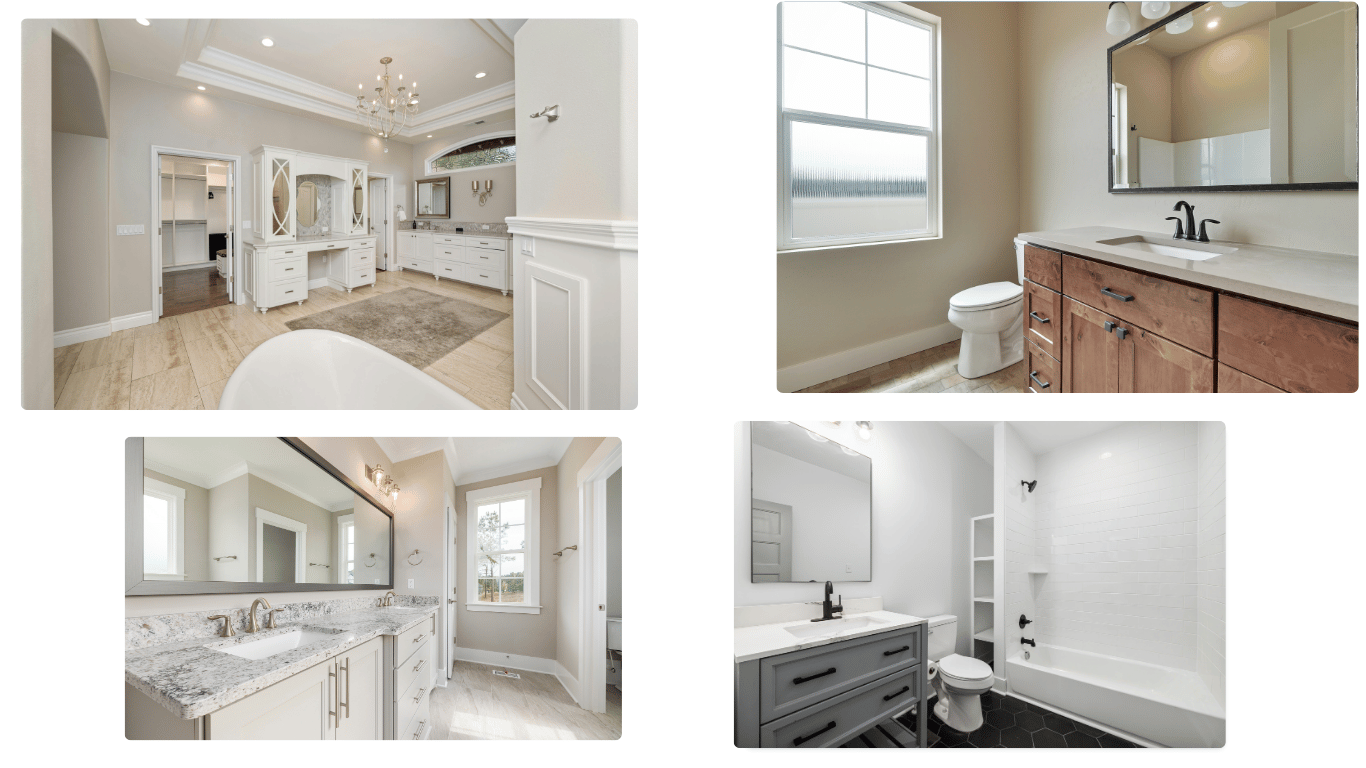 A collage of four pictures of bathrooms in a house.