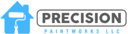 A logo for precision paintworks llc with a house and a paint roller.