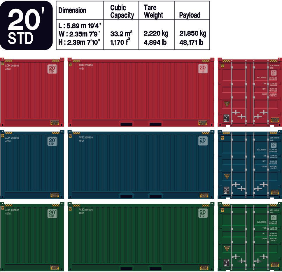 A set of 20 std shipping containers in different colors