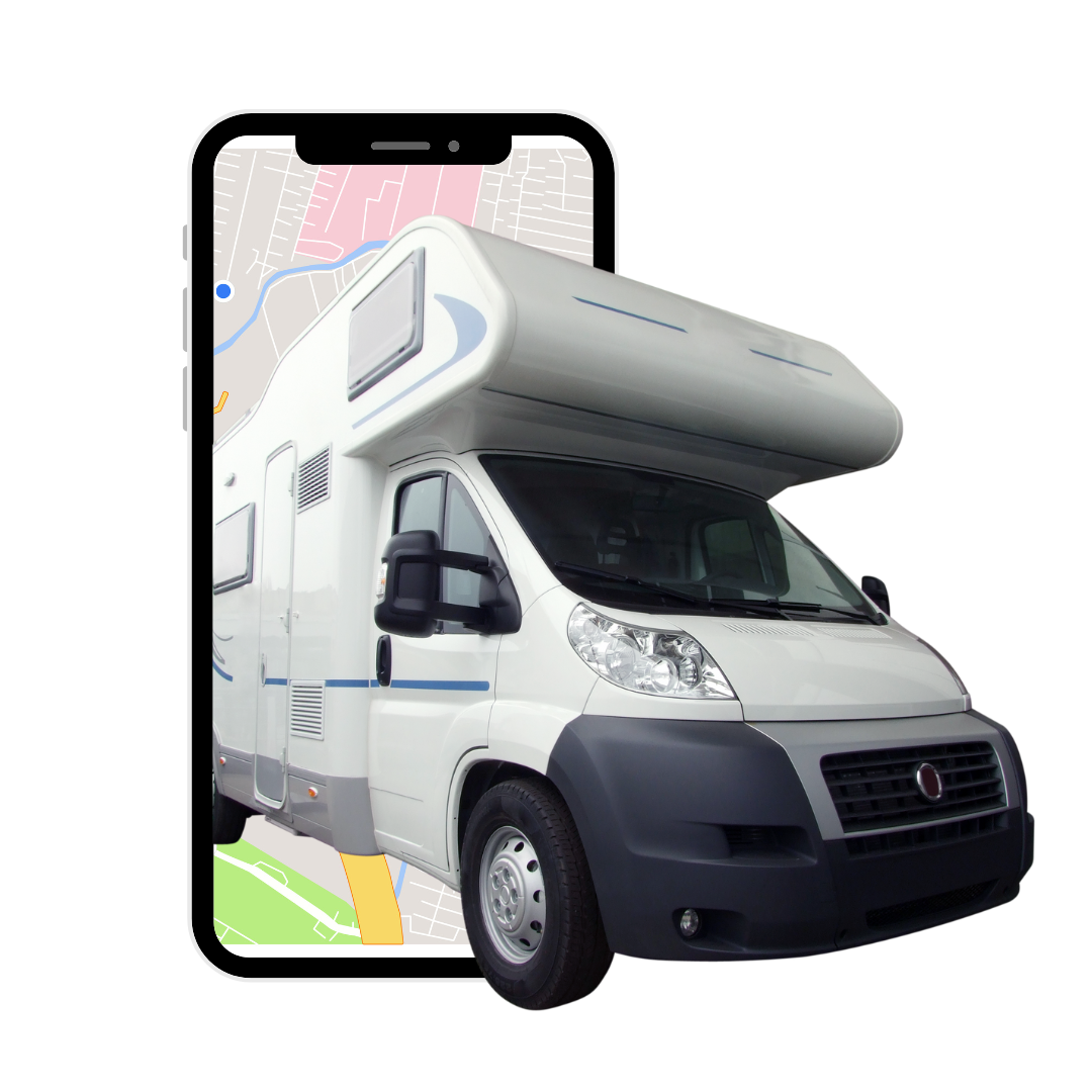 A white rv is sitting next to a cell phone with a map on it.