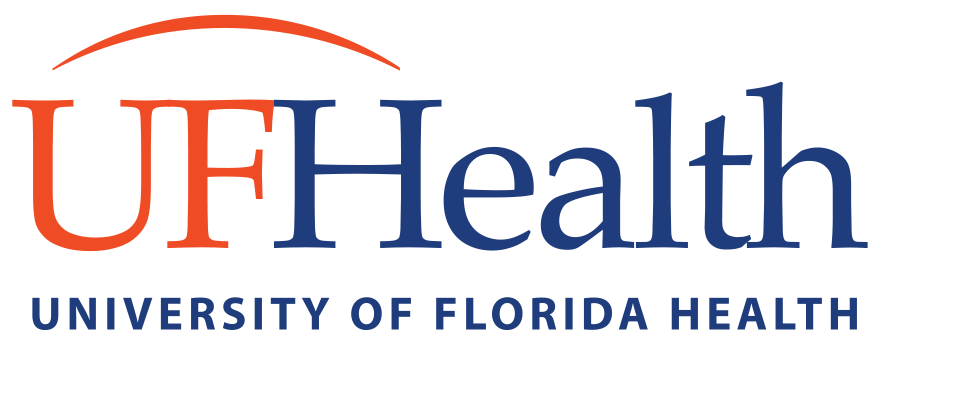 The university of florida health logo is blue and red.