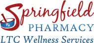 Springfield Pharmacy logo with a red script "Springfield" over a mortar and pestle and blue "Pharmacy" with the slogan.