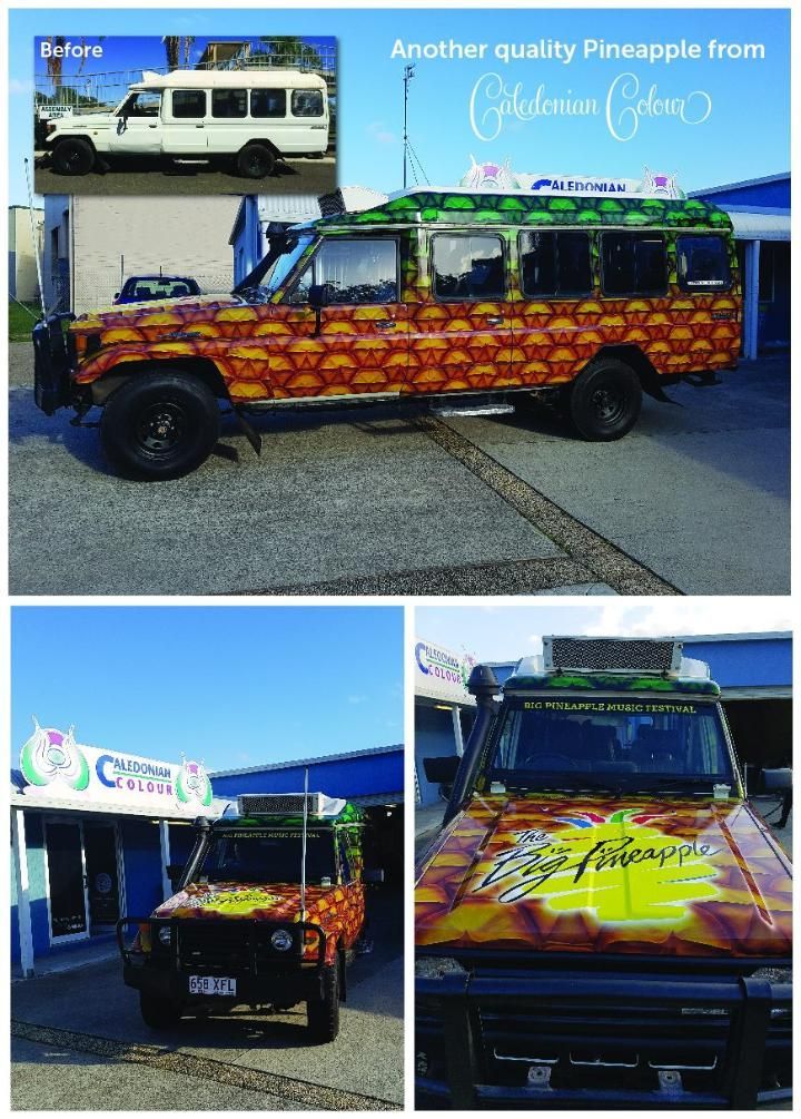 A Collage of Photos of a Car That Has Been Painted With Pineapples — Caledonian Colour In Kunda Park, QLD