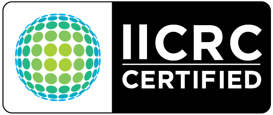 IICRC Certified logo, featuring a blue and green dotted sphere on the left and white text on a black background.