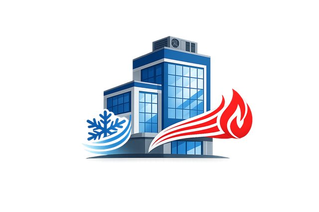 Blue building with snowflake and red flame icons, representing heating and cooling.