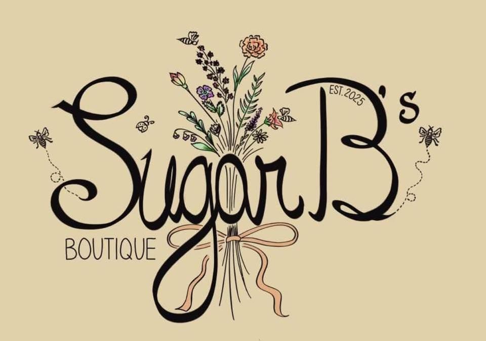 A logo for sugar b 's boutique with a bouquet of flowers