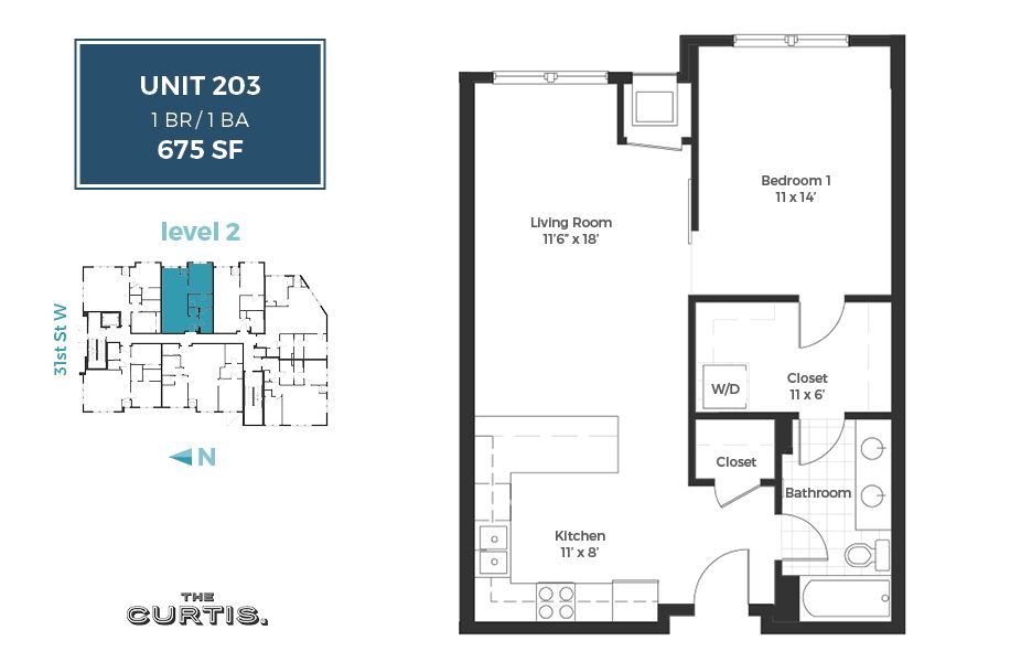 Floor Plan: Unit 203 - 1 Bed, 1 Bath, 675 square feet
