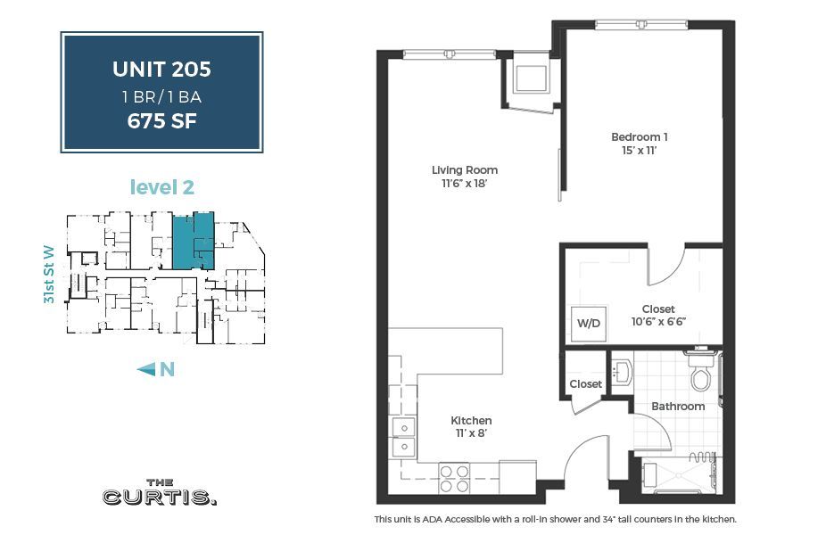 Floor Plan: Unit 205 - 1 Bed, 1 Bath, 675 square feet