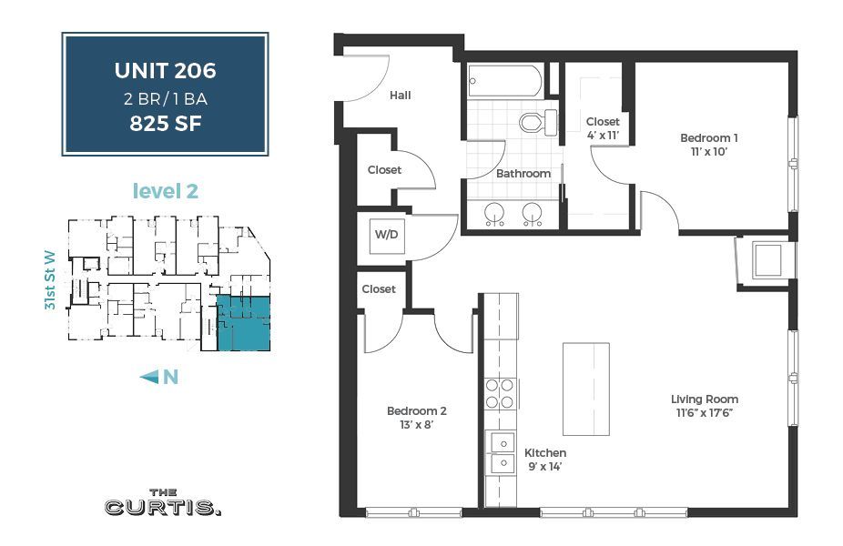 Floor Plan: Unit 206 - 2 Bed, 1 Bath, 825 square feet