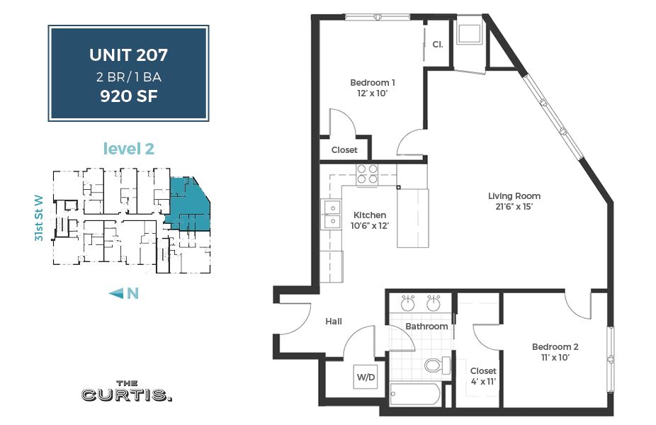 Floor Plan: Unit 207 - 2 Bed, 1 Bath, 920 square feet