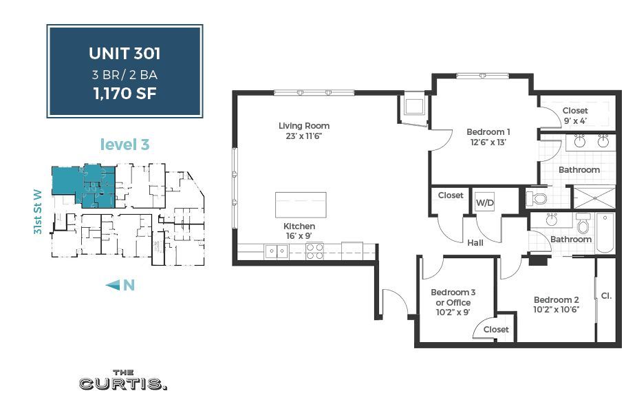 Floor Plan: Unit 301 - 2 Bed, 2 Bath, 1,170 square feet