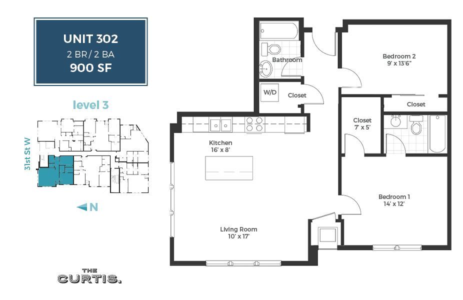 Floor Plan: Unit 302 - 2 Bed, 2 Bath, 900 square feet