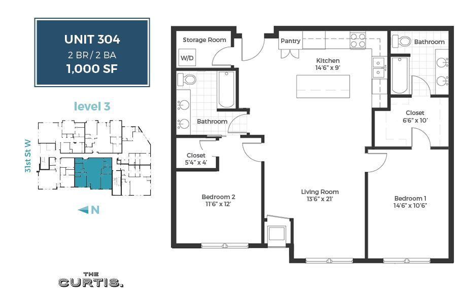 Floor Plan: Unit 304 - 2 Bed, 2 Bath, 1,000 square feet