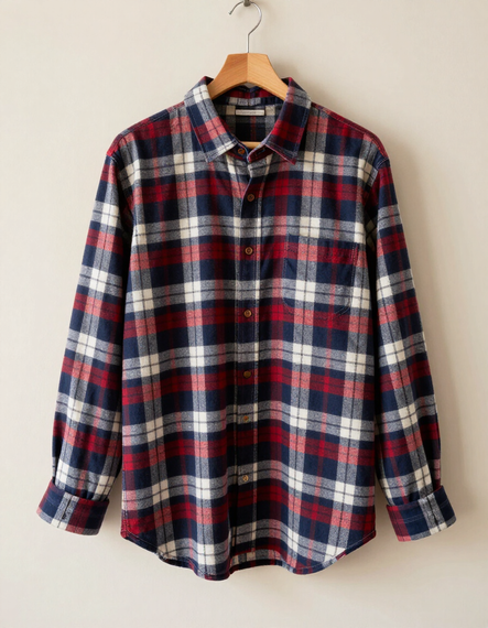 Camisa a cuadros rojos, azules y blancos colgada en una percha de madera contra una pared lisa.
