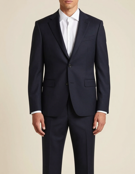 Hombre con traje azul marino y camisa blanca de pie sobre un fondo beige liso.