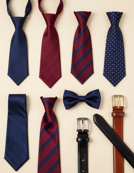 Surtido de corbatas, pajaritas y cinturones para hombre en azul marino, rojo y con estampados de rayas sobre un fondo claro.