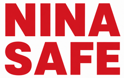 Logotipo con texto rojo y blanco “NINA SAFE” sobre fondo blanco