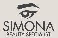 Logo SIMONA Beauty Specialist con icona stilizzata a forma di occhio sopra il nome, in nero e grigio.