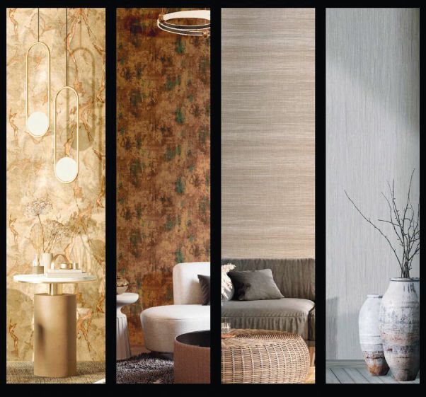 Un collage de cuatro fotografías de una sala de estar con diferentes tipos de papel tapiz.