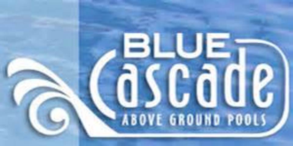 A logo for blue cascade above ground pools