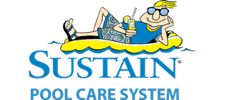 The logo for sustain pool care system shows a man laying on a raft in the water.