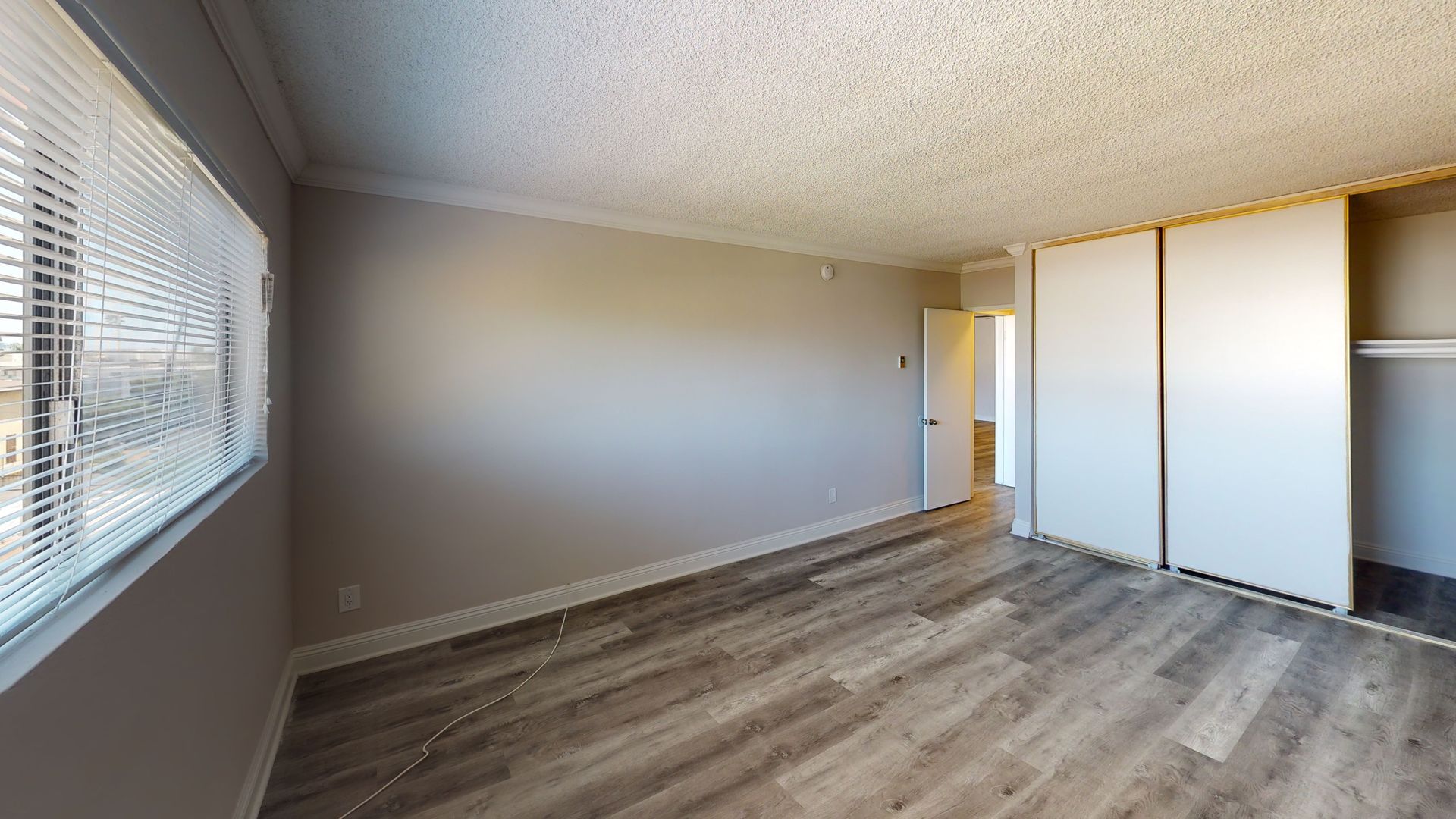 Empty bedroom with wood-look flooring, light gray walls, large closet, and window with blinds.