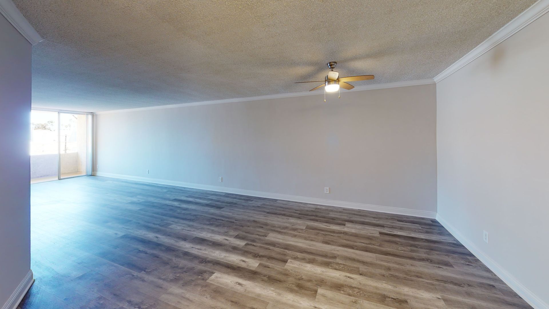 Empty room with wood-look floor, white walls, and a ceiling fan. Bright light from a sliding glass door.
