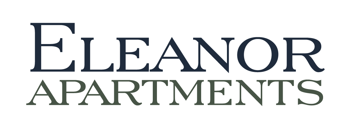 Logo for Eleanor Apartments in dark blue and gray font.