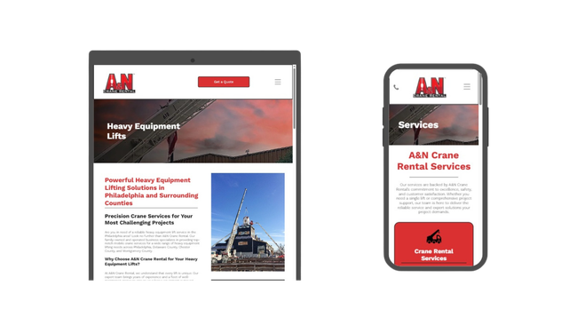 Tablet and phone displaying a website for a crane rental service.