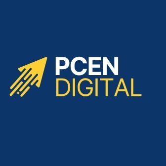 PCEN Digital logo: Yellow arrow pointing up with lines, blue background, white and yellow text.